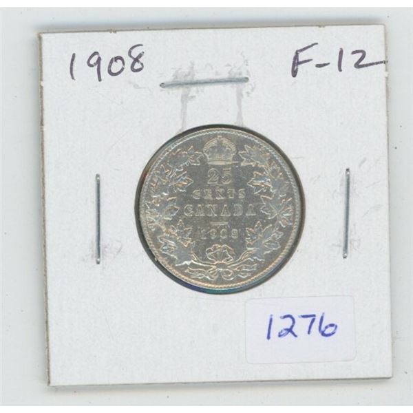 1908 Edward VII Silver 25 Cents. F-12. The first 25 cents minted in Ottawa.