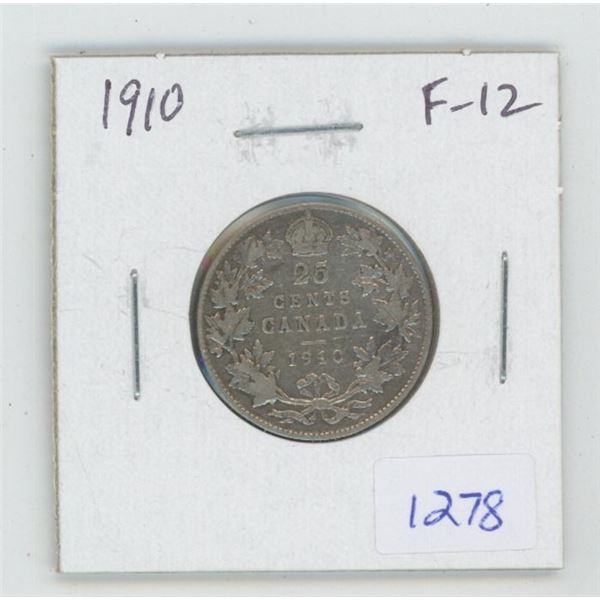 1910 Edward VII Silver 25 Cents. The last 25 cents issued for Edward VII. F-12.