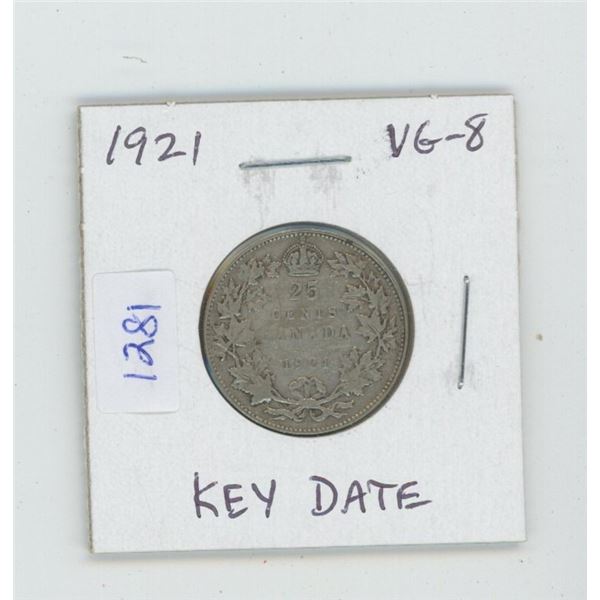 1921 George V Silver 25 Cents. VG-8. Key Date. Mintage of 597,337.