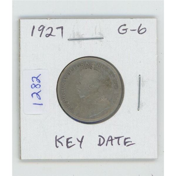 1927 George V Silver 25 Cents. G-6. Key Date. Mintage of 468,096.