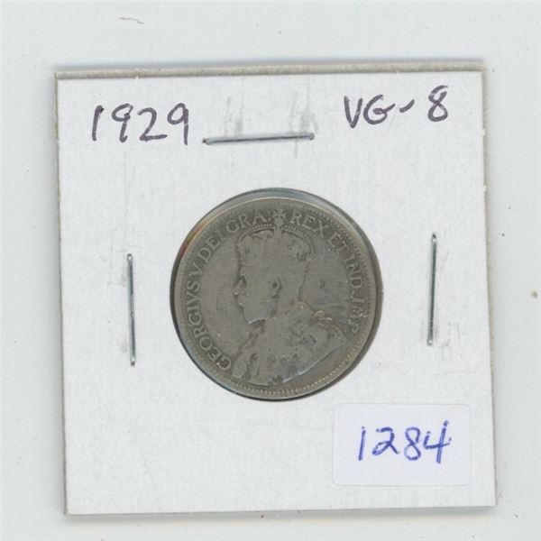 1929 George V Silver 25 Cents. The year of the Great Depression. VG-8.