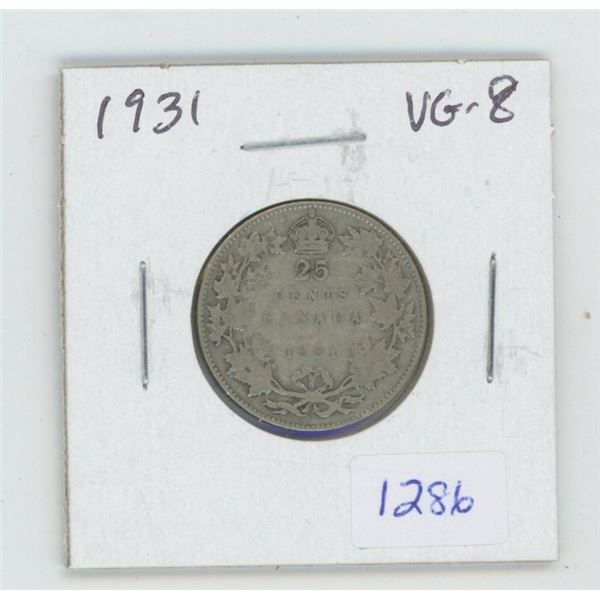 1931 George V Silver 25 Cents. VG-8. Key Date. Mintage of 537,815.