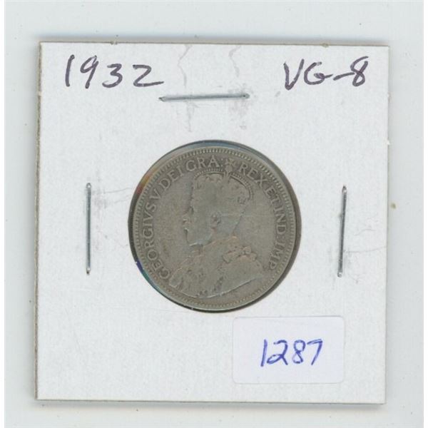 1932 George V Silver 25 Cents. VG-8. Key Date. Mintage of 537,994.