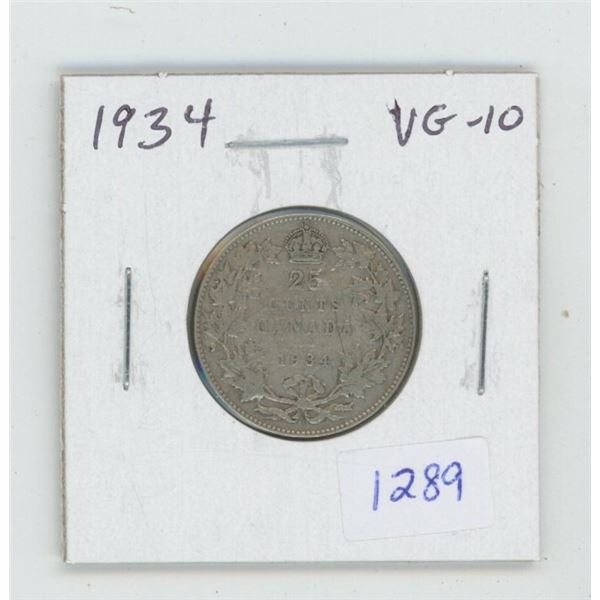 1934 George V Silver 25 Cents. VG-10. Key Date. Mintage of 384,350.
