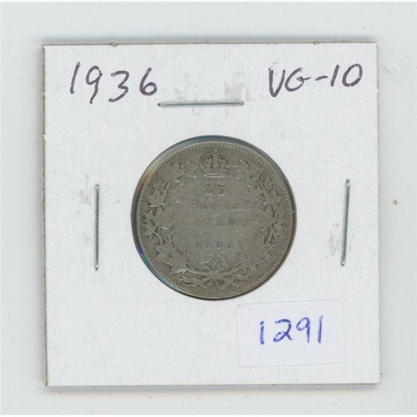 1936 George V Silver 25 Cents. VG-10. The last issue of George V.