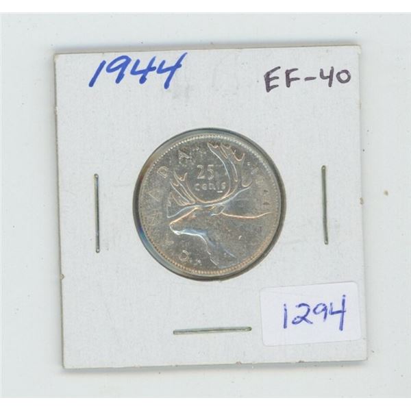 1944 George VI Silver 25 Cents. World War II issue. EF-40. Nice.