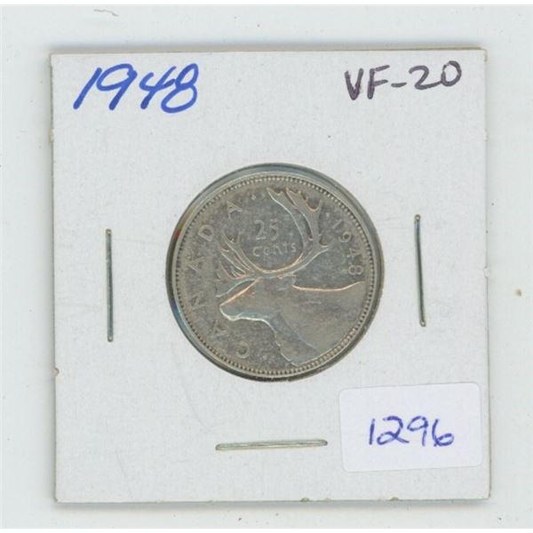 1948 George VI Silver 25 Cents. VF-20.