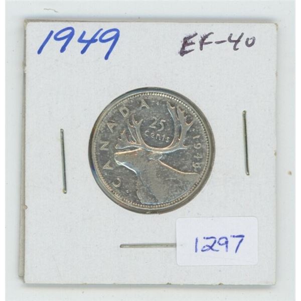 1949 George VI Silver 25 Cents. EF-40. Nice.