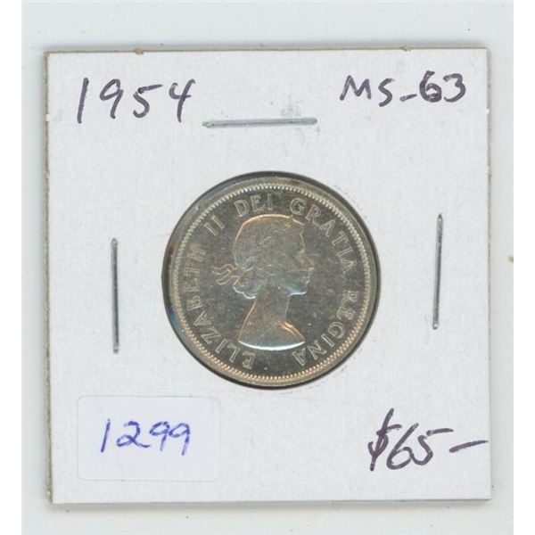 1954 Silver 25 Cents. MS-63. Nice.