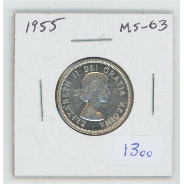 1955 Silver 25 Cents. MS-63. Nice.
