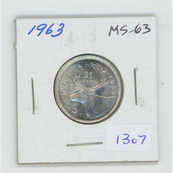 1963 Silver 25 Cents. MS-63. Nice.