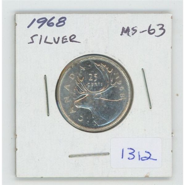 1968 Silver 25 Cents. The last 25 cents issued in silver. MS-63. Nice.