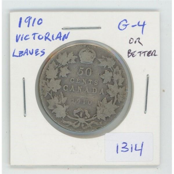 1910 Victorian Leaves Silver 50 Cents. G-4 or better. The last silver 50 cents minted for Edward VII