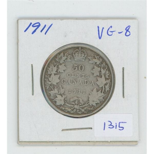 1911 George V Silver 50 Cents. Key Date. Mintage of 209,972. The first 50 cents struck for George V.