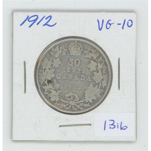 1912 George V Silver 50 Cents. Key Date. Mintage of 285,867. VG-10.