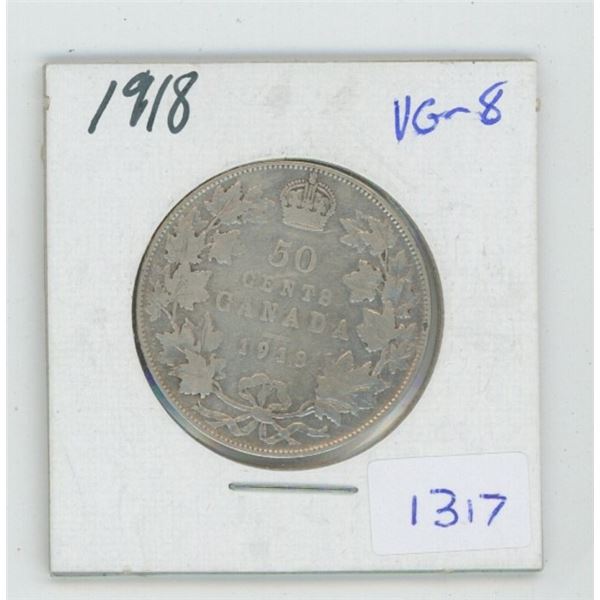 1918 George V Silver 50 Cents. World War I issue. VG-8.