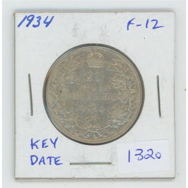 1934 George V Silver 50 Cents. F-12. Key Date. Mintage of 39,539.