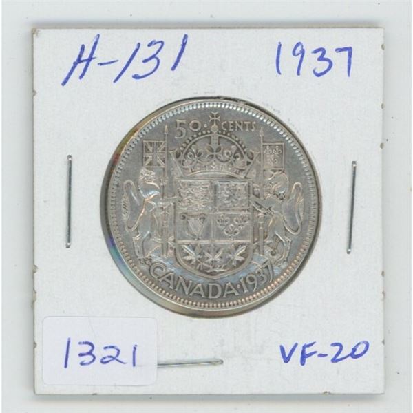1937 George VI Silver 50 Cents. VF-20. First issue of George VI. Key Date. Mintage of 192,016.