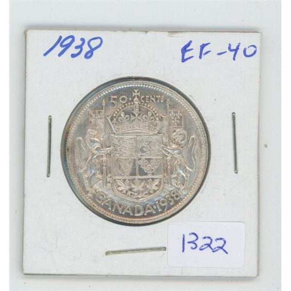 1938 George VI Silver 50 Cents. EF-40. Nice. Key Date. Mintage of 192,018.