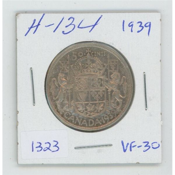 1939 George VI Silver 50 Cents. VF-30. Nice. Key Date. Mintage of 287,976. World War II issue.