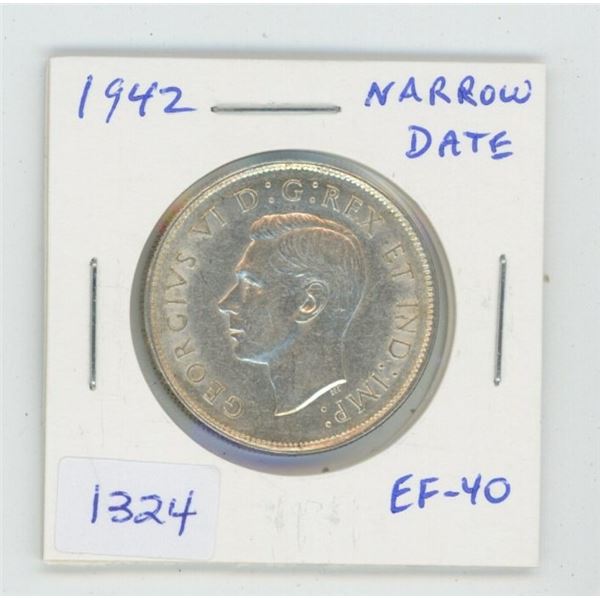 1942 George VI Silver 50 Cents. Narrow Date. World War II issue. EF-40. Nice.