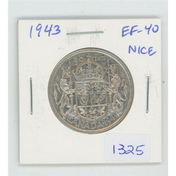 1943 George VI Silver 50 Cents. World War II issue. EF-40. Nice.