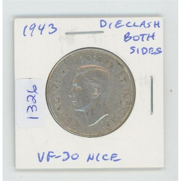 1943 George VI Silver 50 Cents. Die Clash visible on both sides. World War II issue. VF-30. Nice.