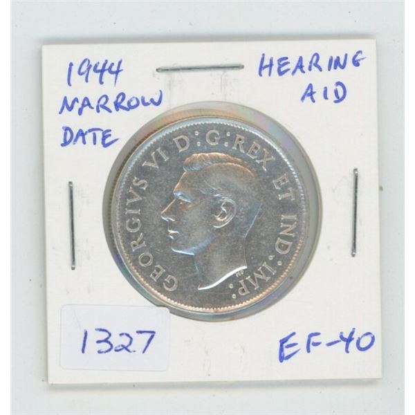 1944 Narrow Date Silver 50 Cents. Hearing Aid variety. Coin displays Hearing Aid in the king’s ear, 