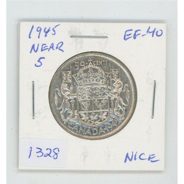 1945 Near 5 Silver 50 Cents. EF-40. Nice.