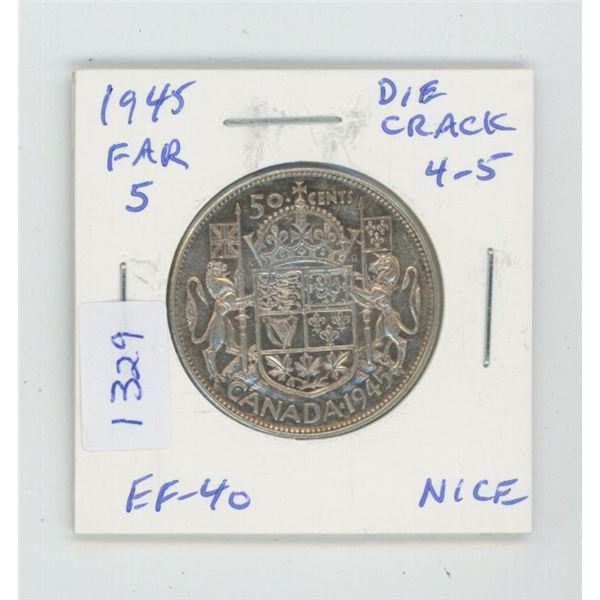 1945 Far 5 Silver 50 Cents. Coin also has a Die Crack from the 4 -5 in the date and then almost to t