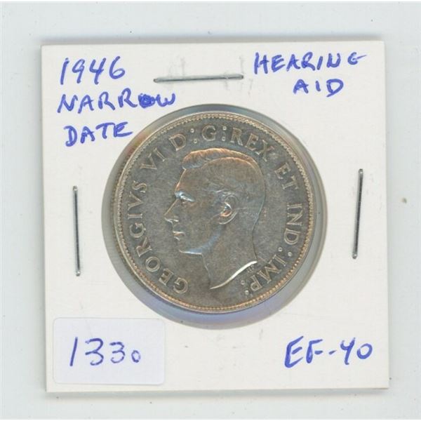 1946 Narrow Date Silver 50 Cents. Coin displays a Hearing Aid in the king’s ear, the result of a sev