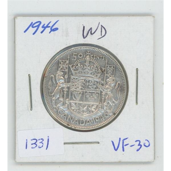 1946 Wide Date Silver 50 Cents. VF-30. Nice.