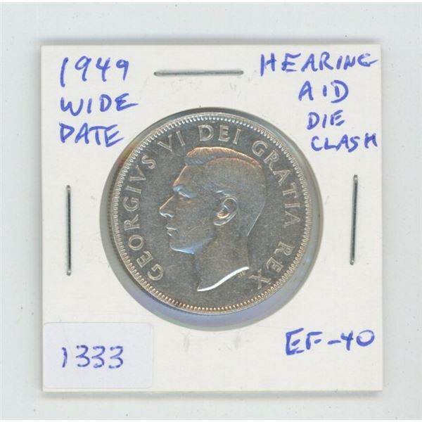 1949 Wide Date Silver 50 Cents. Coin displays a Hearing Aid in the king’s ear, the result of a sever