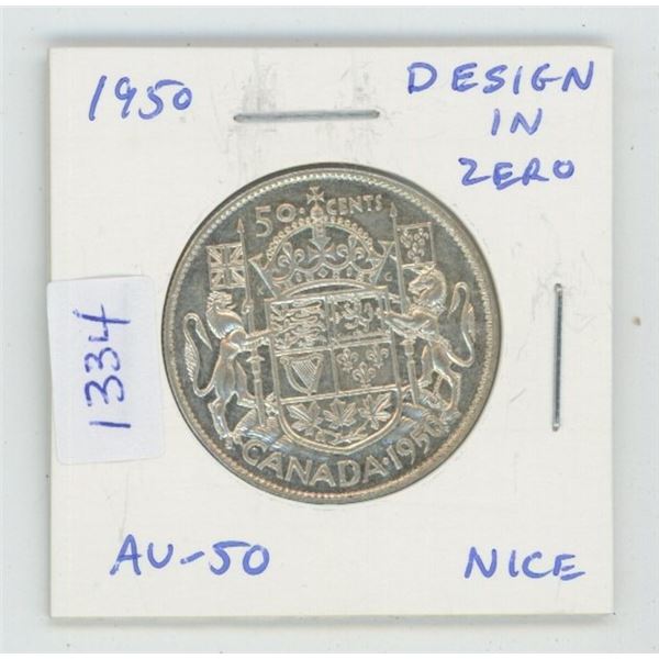 1950 Silver 50 Cents. Design in Zero variety. AU-50. Nice.