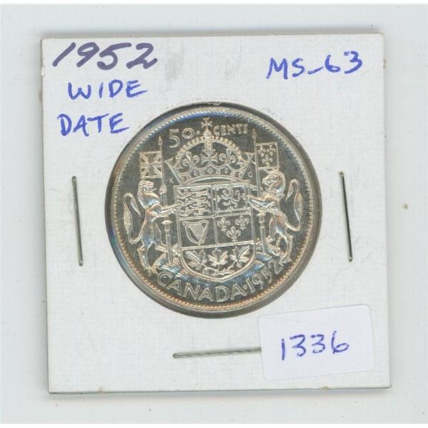 1952 Wide Date Silver 50 Cents. The last silver 50 cents minted for George VI. MS-63. Nice.