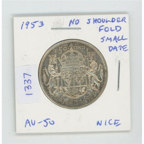 1953 No Shoulder Fold Small Date Silver 50 Cents. AU-50. Nice.