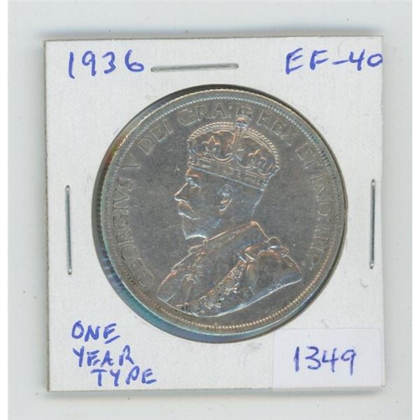 1936 George V Silver Dollar. One Year Type. Mintage of 306,100. EF-40. Nice.