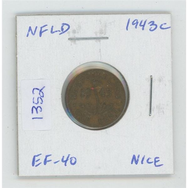 Newfoundland. 1943c Small Cent. World War II issue, minted in Ottawa. EF-40. Nice.