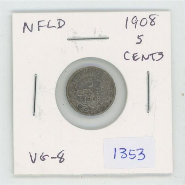 Newfoundland. 1908 Silver 5 Cents. Last silver 5 cents issued for Edward VII. VG-8.