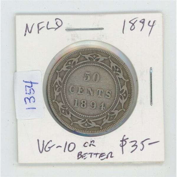 Newfoundland. 1894 Silver 50 Cents. VG-10 or better. Key Date. Mintage of 40,000.