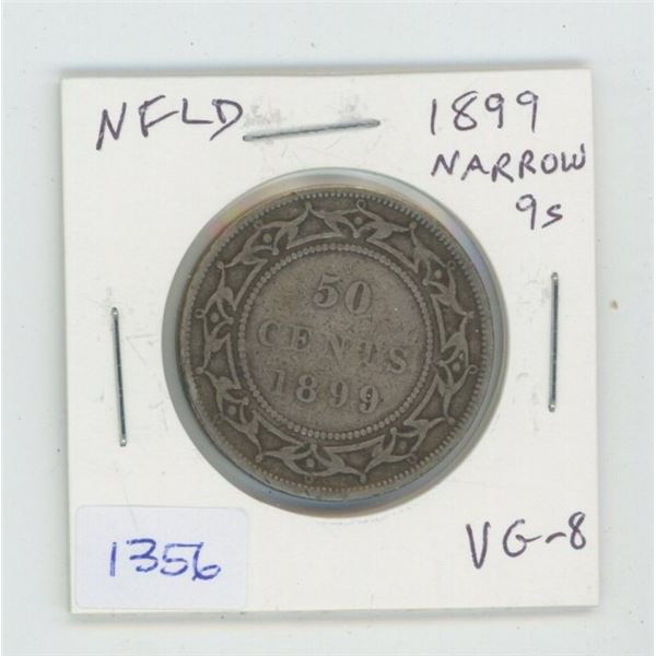 Newfoundland. 1899 Narrow 9s Silver 50 Cents. VG-8. Mintage of 150,000 for all varieties.