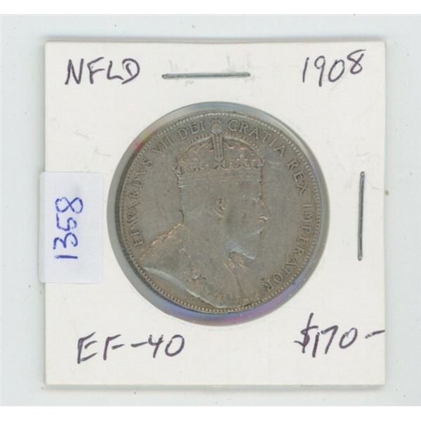 Newfoundland. 1908 Silver 50 Cents. EF-40. High Grade for this. Nice.