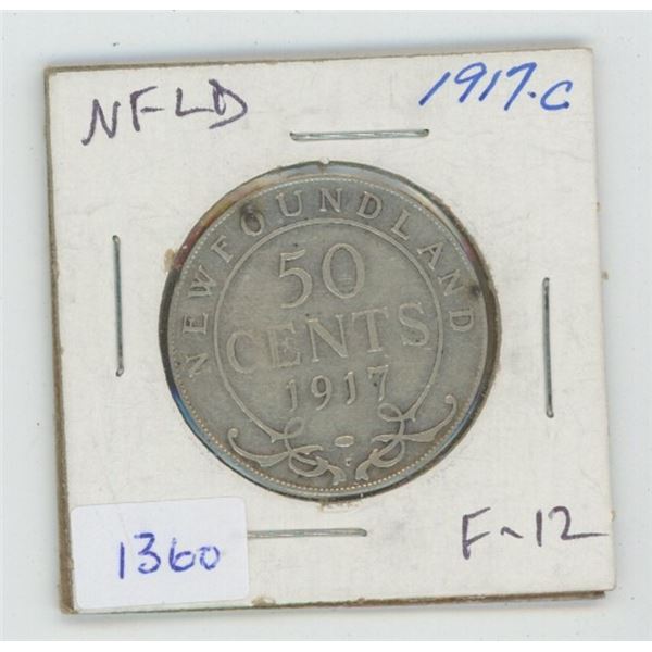 Newfoundland. 1917C Silver 50 Cents. World War I issue. Minted in Ottawa. F-12.
