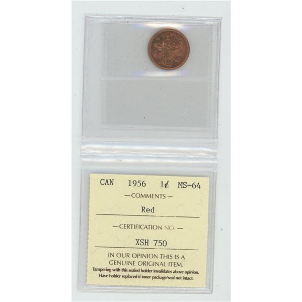 1956 Small Cent. ICCS certified and graded MS-64 Red. A beautiful coin.