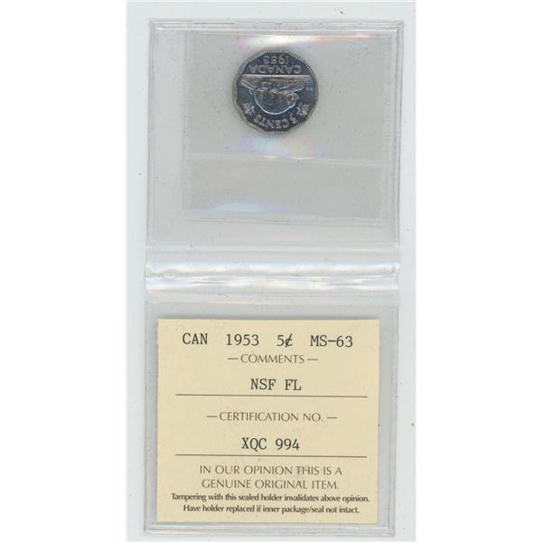 1953 No Shoulder Fold, Far Maple Leaf Nickel 5 Cents. ICCS certified and graded MS-63. Nice.