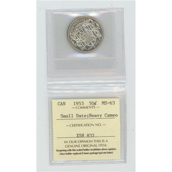 1953 Small Date Silver 50 Cents. ICCS certified and graded MS-63 Heavy Cameo. A beautiful coin.