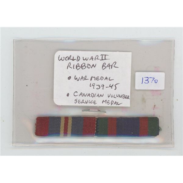 World War II Ribbon Bar. Includes War Medal 1939 – 1945 and Canadian Volunteer Service Medal.