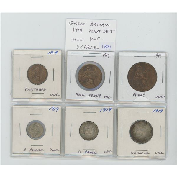 Great Britain. 1919 Mint Set. Includes farthing, half penny, penny, silver 3 pence, silver 6 pence a