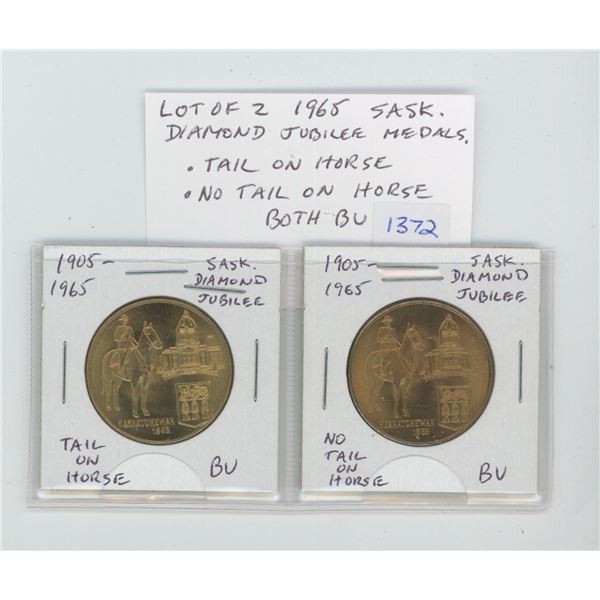 Lot of 2 1965 Saskatchewan Diamond Jubilee Medals. Includes variety with tail on the horse and varie