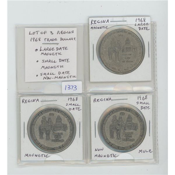 Lot of 3 Regina 1968 Trade Dollars. Includes Large Date, Magnetic; Small Date, Magnetic, Small Date,